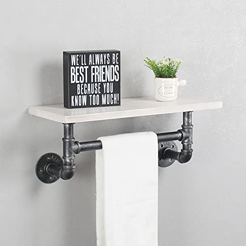 Industrial Pipe Shelf Bathroom Shelves Wall Mounted,19.6in Rustic Wood Shelf with Towel Bar,1 Tier Farmhouse Towel Rack Over Toilet,Pipe Shelving Floating Shelves Towel Holder,Retro White