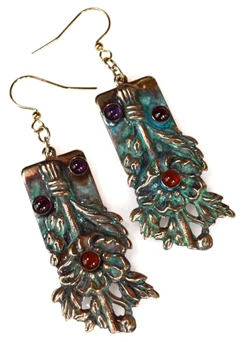 Fanciful Floral Verdigris Patina Brass Dangle Earrings - Amethyst, Carnelian and Garnet