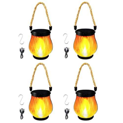 Farol Solar Kaliqo para Exterior - Realista Llama Parpadeante, Faroles Colgantes con Cuerda de Cáñamo Impermeables para Decoración de Jardines y Patios, Luces Solares de Llama Titilante