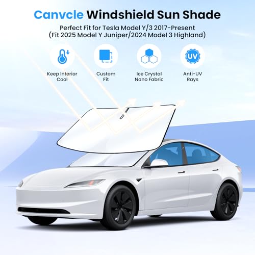 Image of Canvcle Windshield Sun Shade for 2017-2025 2026 Tesla Model Y /3 Accessories (Fit 2025 Model Y Juniper /2024 Model 3 Highland) Double-Layer Front Window Sunshade Sun Visor Block UV Rays Keep Car Cool