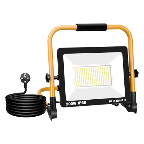 Willpower Faretto LED da Cantiere 200W, Faro LED Portatile 20000LM 6000K IP66 Impermeabile Cavo 3M Rotazione 180° con Staffa Pieghevole Lampada da Lavoro Proiettore LED per Esterno Officina Garage