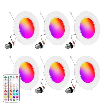 Recessed Lighting 5/6 Inch, 6Pack Color Changing LED Can Lights for Ceiling, 13W 1050LM Retrofit Recessed Lights with Baffle Trim, RGBCW Downlight Dimmable by Remote Control, Memory, Delayed Light Off