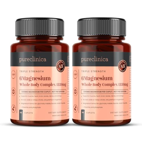 Magnesium-Komplex in Doppelter Stärke 1350 mg – 247 mg elementares Magnesium – 6 Formen für Muskeln, Herz, Gehirn & Knochen – 180 Tabletten (2 Flaschen) – 6 Monate Vorrat