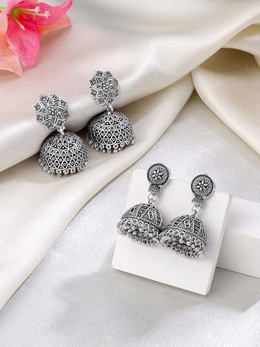 Image of Yellow Chimes Earrings for Women and Girls Traditional Silver Oxidised Jhumka German Silver Earring Set Dome Shaped Dangler Jhumki Earrings Combo | Birthday Gift For Girls and Women