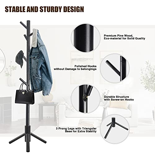 image for Haddockway Wooden Coat Rack Stand with 8 Hooks New Zealand Pine Adjust