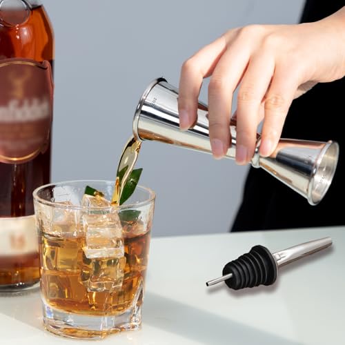 Image of Briout Jigger and 2 Pourers, Double Cocktail Jigger Japanese Premium 304 Stainless Steel Jigger 2 OZ and 1 OZ with Measurements Inside