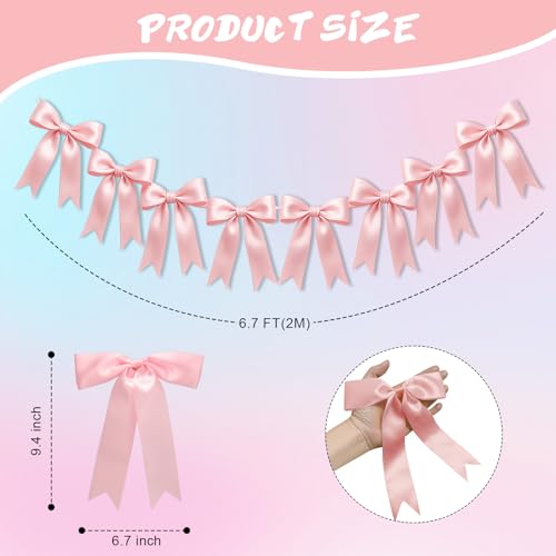Image of 2 Strings of 16PCS Baby Pink&Baby Blue Bow Garlands Banner Decoration,Pre-Strung Satin Ribbon Ornaments for Gender Reveal Party,Baby Shower,Birthday,Bridal Shower,Graduation Decor,Anniversary,Wedding