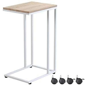Casaria® Beistelltisch Holz Couch Weiß 40kg Belastbarkeit 70cm Hoch 50x35cm Tisch Klein mit Rollen Laptop Kaffeetisch C Form Wohnzimmer Nachttisch Gestell aus Metall