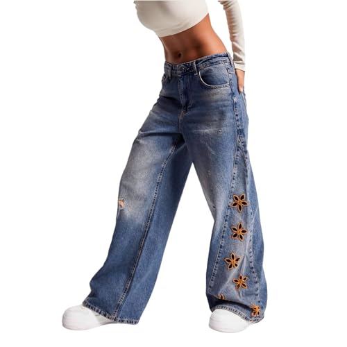 Pantalon baggy femme taille haute jean large streetwear décontracté à poches