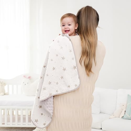 Image of Susurration Baby Blanket for Unisex Boys Girls, 2 Pack Soft Fluffy Crib Blankets with Muslin Cotton Front and Dotted Fleece Back, Receiving Blanket for Baby Newborn Infant, 30x40inch, Beige Star&Grey