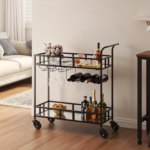 Modern Gold Bar Cart with Mirrored Shelves - 2-Tier Mobile Wine Cart with 4-Bottle Wine Rack & Stemware Glass Holder - Luxury Rolling Beverage Serving Trolley for Home Bar, Dining & Living Room by EliteEdge - Used condition - CA$53.81