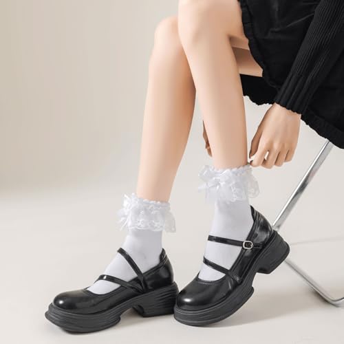 Lace Ruffle Frilly Socks for Women, Comfortable Cotton Lace Ankle Socks with Bow4