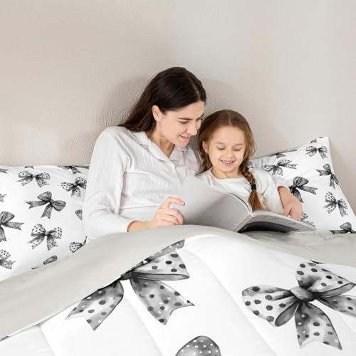 Image of Erosebridal Bow Kids Comforter Set | Ribbon Black Bow Bedding Twin Size Coquette Bowknot with Dots Down Comforter Dreamy Princess Bowtie Duvet Set for Bedroom
