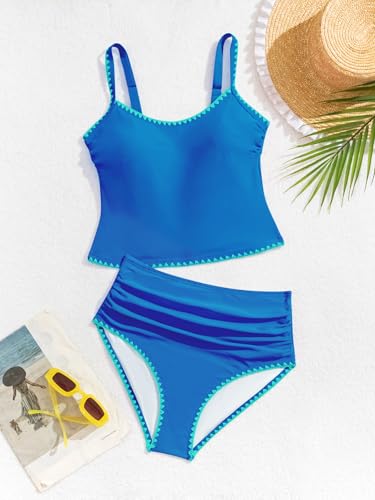 Image of Eomenie Tankini Swimsuit for Women Tummy Control Ruched Two Piece Bathing Suits High Waisted Shell Stitch Swimwear