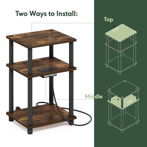 Image of Furinno Just 3-Tier Turn-N-Tube Open Storage Side Table, End Table with USB and Type-C Charging Station, Amber Pine /Black