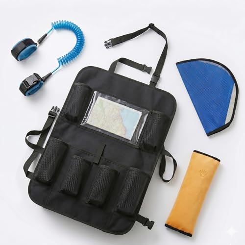 Image of Safe-O-Kid Travel Safety Combo | 1 Kick Mat | 1 Seat Belt Holder | 1 Neck Support Pillow & 1 Wrist Link| Baby Travel Safety Set | Assorted