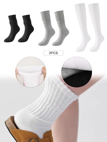 3 Pairs Women Slouch Socks, Womens Socks for Short Boot, Knit Crew Boot Socks, Black+White+Gray2