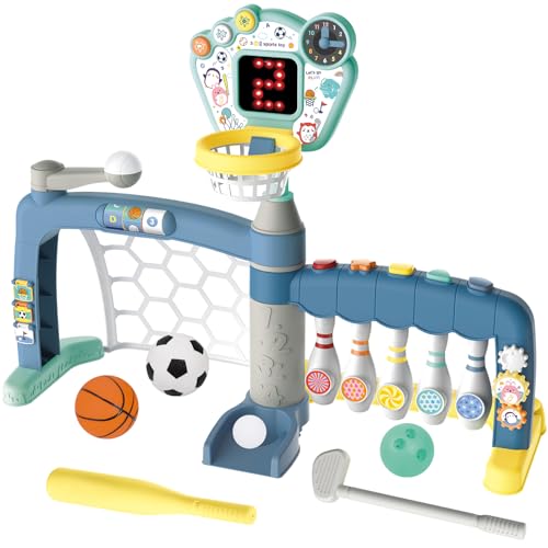 Image of 5-in-1 Toddler Sports Toys Activity Center: Includes Basketball Soccer Bowling Baseball Golf, Toddler Basketball Hoop Indoor with Adjustable Height 1-3 Year Old Boys Girls Toys, Toddlers & Baby Gift