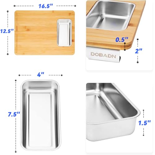 Tabla de Cortar de Bambú para Cocina, Preparación de Comidas y Servir – Tabla de Picar de Madera para Quesos y Embutidos con Recipiente de Acero Inoxidable, Ranuras para Jugos y Patas Antideslizantes, 41,9 x 31,8 x 5,1 cm miniatura 4