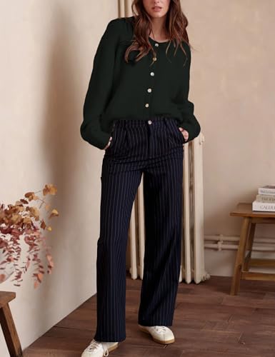 Image of Ynhonra Womens Cardigan Sweater Front Button Loose Y2k Long Sleeve Crewneck | Lightweight Knit Ribbed Hem