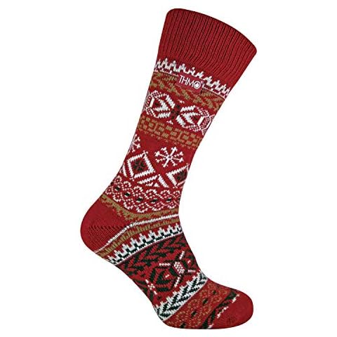 THMO - Mens Vintage Nordic Style Thick Thermal Wool Blend Socks (6-11 uk, 37 Fairisle Red) Cover