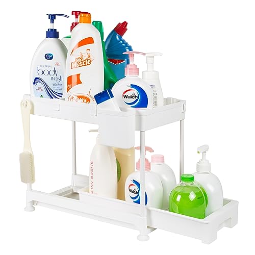 ASAB 2 Tier Under Sink Storage Organiser Non Slip Feet Hanging Cup Removable Divider Water Resistant Moistureproof Sliding Shelf Under Cupboard Storage Bathroom Cabinet Organizer Kitchen Sink Shelf