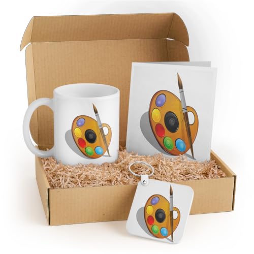 3dRose Art Lovers Gift Set - Colorful Paint Palette Design Mug, Card, and Keychain - Perfect for Artists, Birthdays, and Creative Friends
