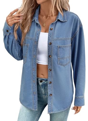 Sidefeel Women Denim Shirts Long Sleeve Button Down Blouse V Neck Casual Tops Light...