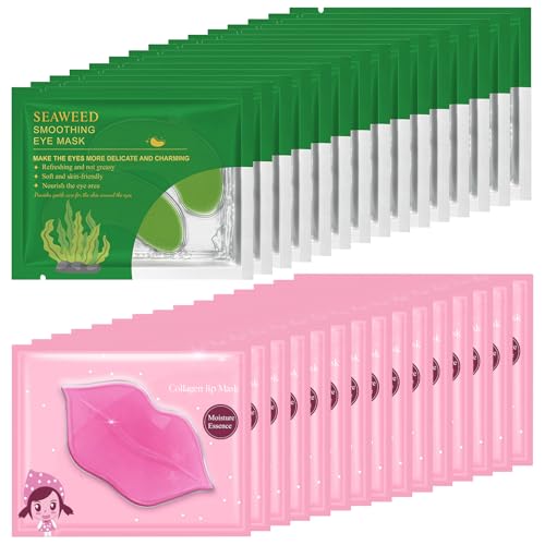 Felico 30 Pairs Lip Mask Under Eye Masks Patches, Crystal Collagen Hydrating Moisturizing Smoothing Lips Gel Pads for Puffy Eyes Bags,Dark Circles,Puffiness,Fine Lines,Wrinkles,Anti-Aging Seaweed