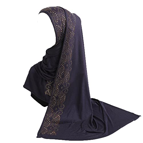 JDYaoYing Damen-Kopftuch, glänzend, Strasssteine, muslimischer Hijab-Schal, langer Turban, Kopftuch, Wickelschal, Kopfbedeckung, navy, One size Cover