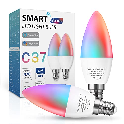 5W E14 Smart Bulb, LOHAS WiFi LED Bulb, Works with Alexa and Google Home, Alexa Light Bulbs, RGB Colour Changing Bulb, Remote Control, Cutomise Scenes by Tuya APP, No Hub Required, 2 Pack