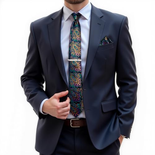 Image of DiBanGu Silk Floral Ties for Men Woven Paisley Necktie and Tie Clip Handkerchief Cufflinks Set for Party Wedding