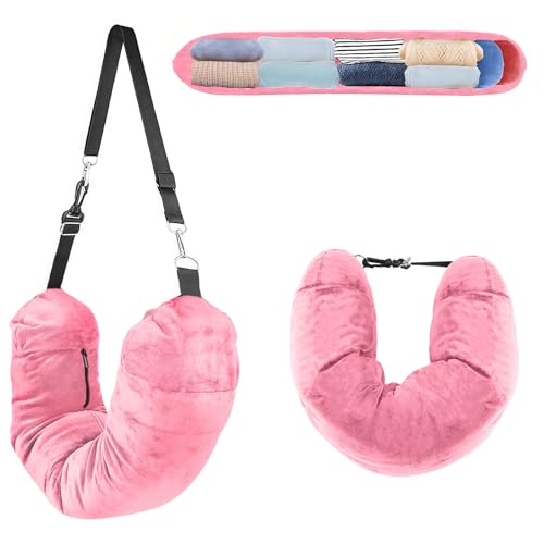 AHRLIC Soft Stuffable Neck Pillow for Travel Multifunctional U-Shaped Cushion Fillable with Clothes for Extra Luggage Space, Adjustable Strap for Airplane, Camping, Train, Hiking (Rose Red)