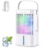 Tragbarer Klimaanlage mit 1200 ml Wassertank, 4 in 1 Mini Klimaanlage mit 2-4 H Timer, 7 Farben, 3 Geschwindigkeiten & 2 Nebelmodi, 120° Oszillation, Leise Mini Luftkühler für Zuhause/Büro