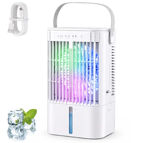 Portable Air Conditioner, 4-in-1 Mini Air Cooler, Quiet Desk Cooling Fan with 3 Wind Speeds, 2 Spray Modes, 1200ML Water Tank, 2 Timers, RGB LED Light, Left-Right Oscillation for Home, Office, Plug-in