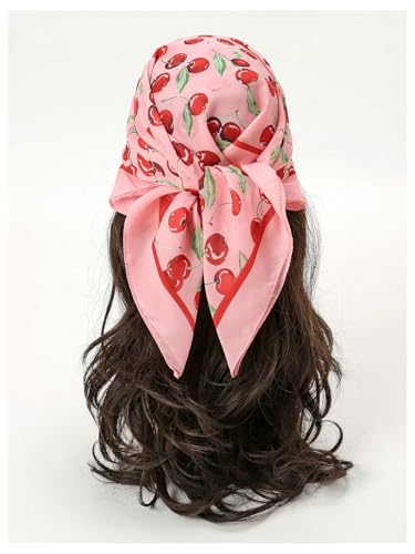 WDIRARA Women's Cherry Graphic Print Scarf Large Square Hair Bandana Sleeping Head Wraps2