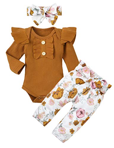 Image of KANGKANG Newborn Baby Girl Clothes Ribbed Ruffle Sleeve Romper + Floral Pants + Headband Cute Infant Baby Girl Outfit 3Pcs