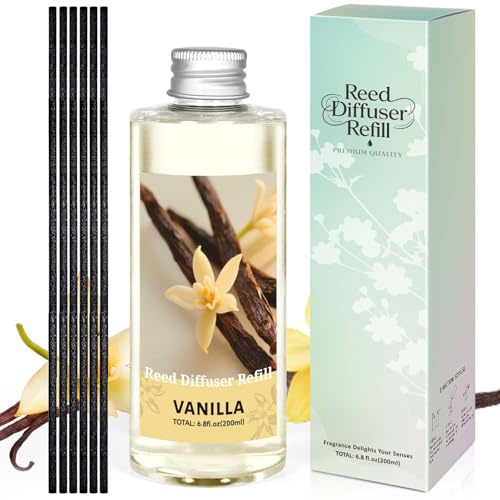 Image of STRN Reed Diffuser Oil Refill, Vanilla Scented Diffuser Oil Refills with 6 Reed Sticks 200ML(6.8fl.oz), Room Fresheners for Home, Long-Lasting Summer Fragrance for Living Room, Bedroom, Office