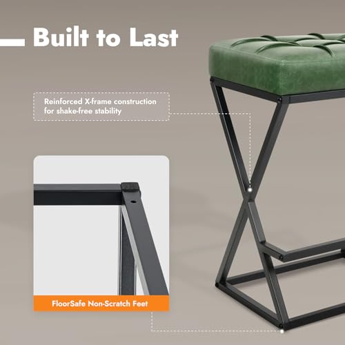Image of Bar Stools Set of 3, 26 Inch Counter Height Stool Faux Leather Green | Backless Counter Stools with X-Frame Metal Legs, 3.3 inch Upholstered Seat, Mid-Century Modern, for Kitchen Island, Home Bar