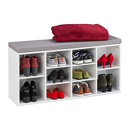 Relaxdays Banco Zapatero Recibidor, Estantería Zapatos 10 Compartimentos, 52,5x104x30 cm, Descalzadora Asiento, Blanco