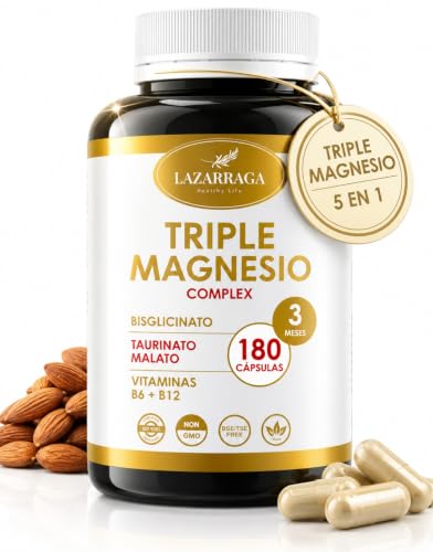 TRIPLE MAGNESIO COMPLEX 5 EN 1 | Bisglicinato + Taurinato + Malato + Vitaminas B6 y B12 | 250 mg Magnesio Elemental Diario | 180 Cápsulas Veganas | 3 Meses | Suplemento Premium | Energía y Vitalidad