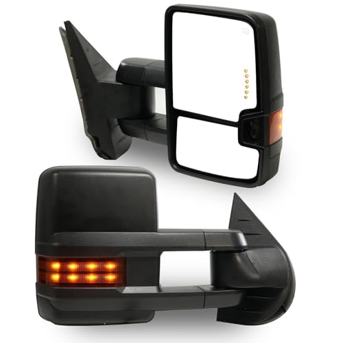PZ Towing Mirrors Fit for 2014-2018 Chevy Silverado GMC Sierra 1500 2500HD 3500HD Black Power Heated Arrow Light Amber Turn LED Signal Clearance Lamp Pair Set