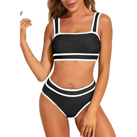 MELYUM High Waisted Bikini Sets for Women Color Block 2 Piece Swimsuits Tummy Control Bathing Suits Full Coverage Teens Girls Cover