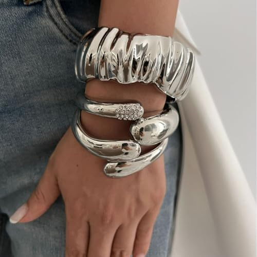 Chunky Gold Bracelets for Women Cuff Open Silver Crystal Stackable Bangle Bracelets Statement Jewelry 3Pcs Set (Gold)3