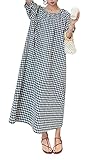 chouyatou Women's Casual Gingham Loose-Fit Swing Dress Cotton Lantern Puff Sleeve Plaid Midi Long Dress (Small,Black White)