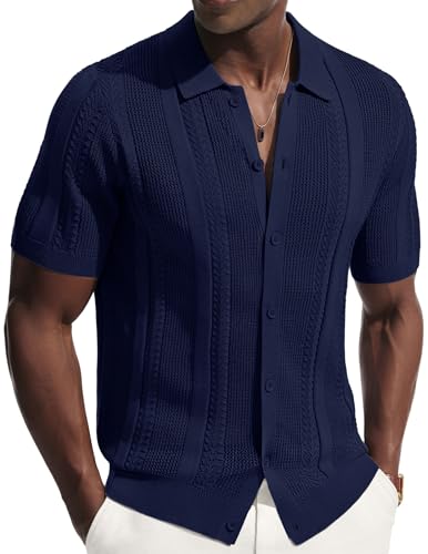 Men's Knit Button Down Shirt Short Sleeve Vintage Hollow Out Polo Shirts Summer Casual Beach Tops Navy Blue M - image 1