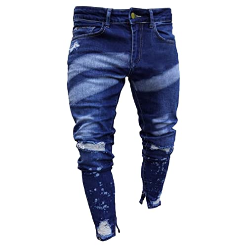 Men's Skinny Distressed Jeans Destroyed Stretch Denim Pencil Pants Vintage Ripped Slim Fit Ankle Zipper Jean (Dark Blue,3X-Large)