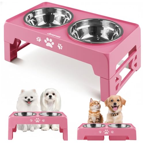 Jovrun Elevated Dog Bowls for Small Dogs and Cats, Non-Slip Cat Bowls with 2 Thick 5.5" Stainless Steel Dishes, Dog Feeder 2 Heights Adjustable to 2.6"-5.3"