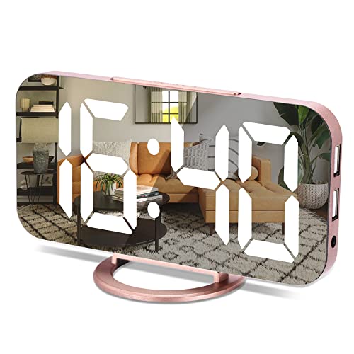 YGON Slim Digital Alarm Clock, Daul USB Charger Ports, Dimming Mode, Large Display Mirror Surface for Makeup, LED Desk Clock for Bedroom, Living Room, Office, Home, Kids - Rose Gold/White