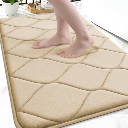 Image of Smiry Memory Foam Bath Mat 30x20, Ultra Soft Absorbent Bathroom Rugs | Beige, Plush Quick Dry and Machine Washable Cushion Bath Mats for Bathroom, Shower, Tub & Home Decor
